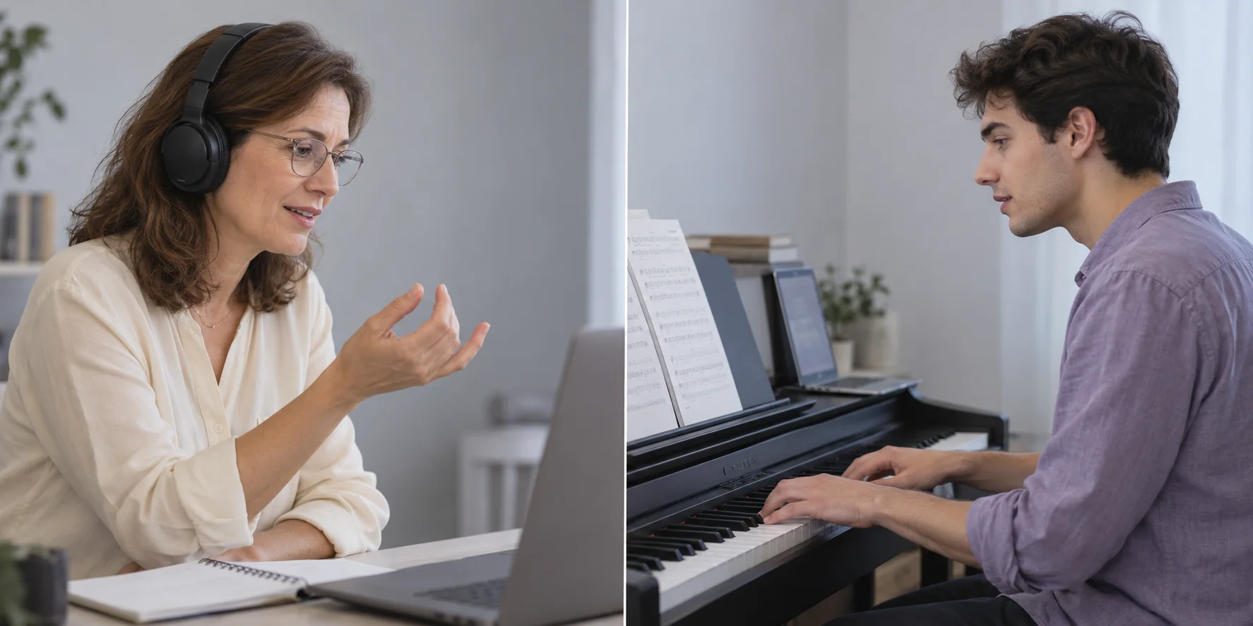 Teacher listening in headphones, viewed from the side